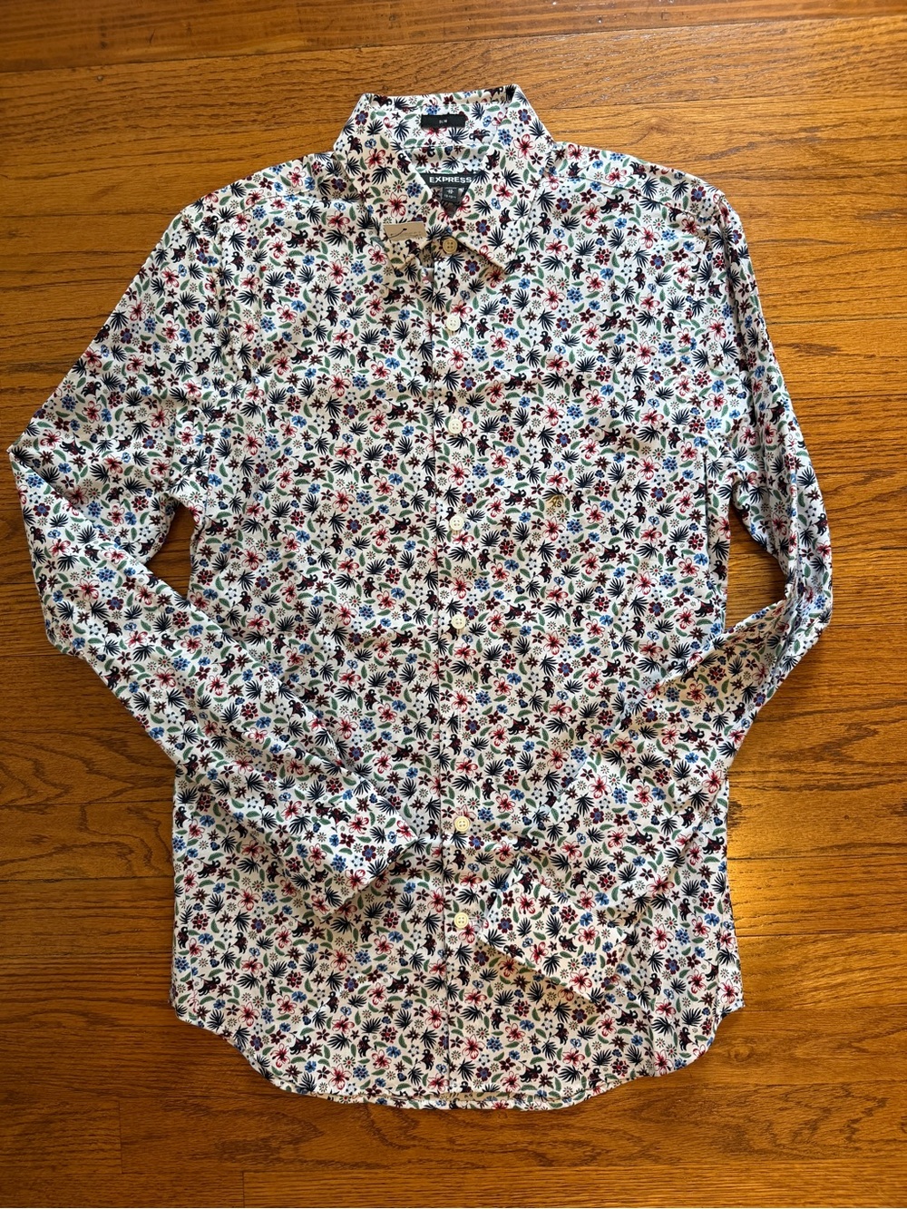 Express Men's White Floral Button-Down Shirt with Multicolor Print